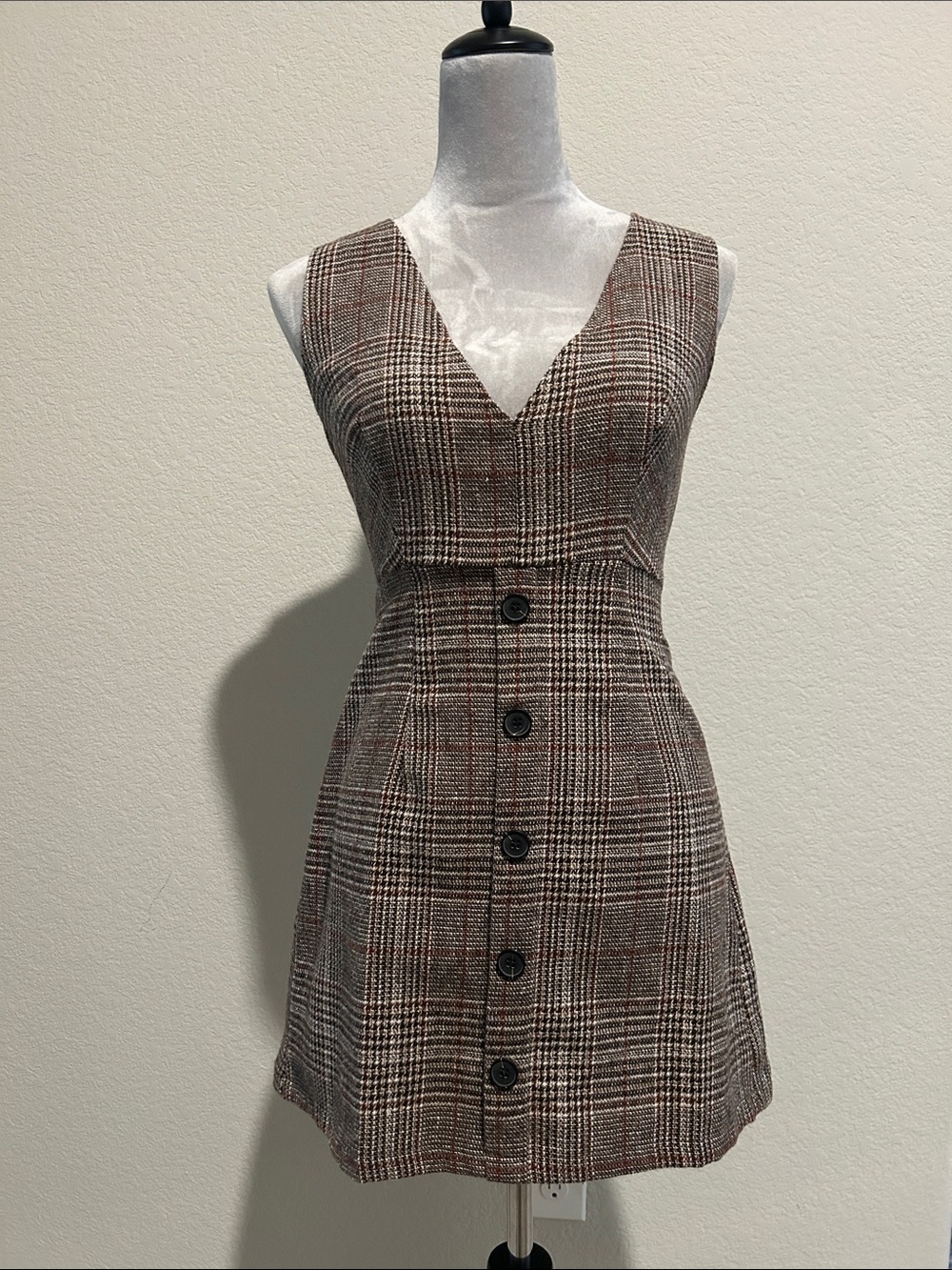 Vintage style Plaid Button-Front V-Neck Mini Dress - Brown Plaid
